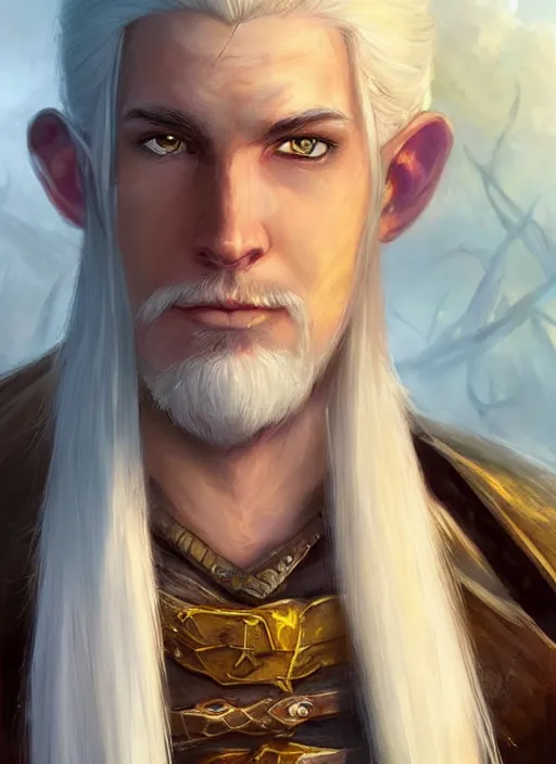 Image similar to young man with white hair and white goatee, dndbeyond, bright, colourful, realistic, dnd character portrait, full body, pathfinder, pinterest, art by ralph horsley, dnd, rpg, lotr game design fanart by concept art, behance hd, artstation, deviantart, hdr render in unreal engine 5