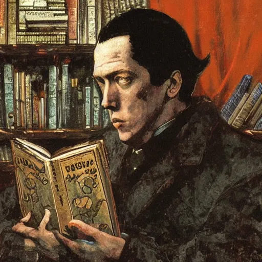 Prompt: portrait of hp lovecraft in a library reading necronomicon, hanafuda oil on canvas by ivan shishkin, james jean and yoji shinkawa