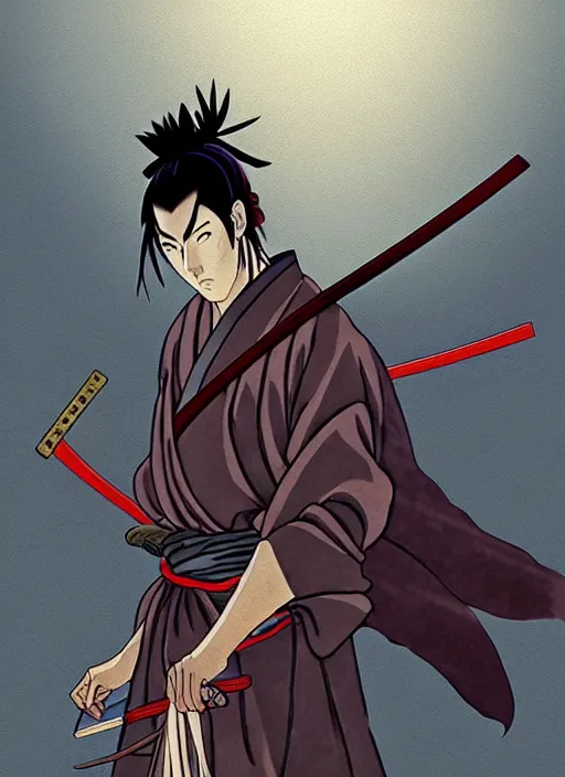 Image similar to scene from anime ninja scroll, tall samurai with long katana sword, back to the camera, masterpiece, intricate, highly detailed, artstation, concept art, mutud colors, soft lights, foggy, by yoshiaki kawajiri, by yousuke kabashima, by toshiyuki inoue, by atsushi takeuchi