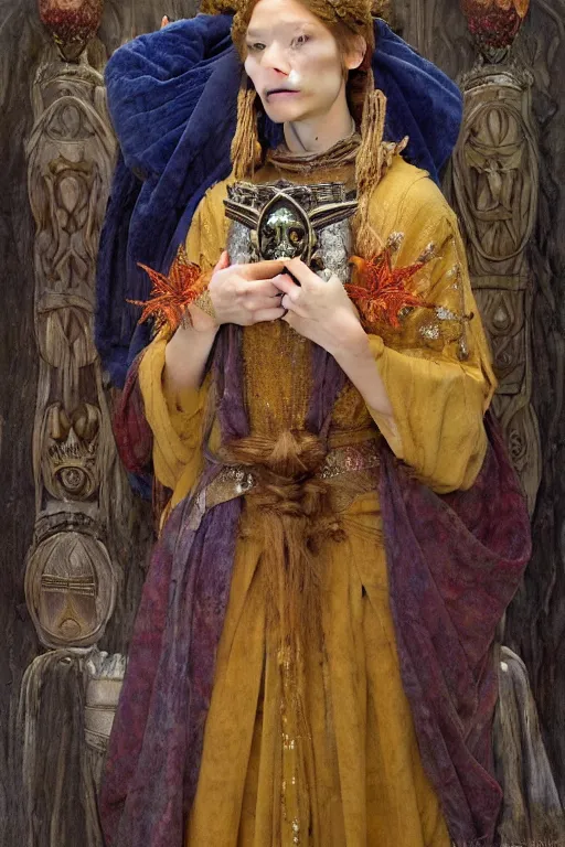 Image similar to portrait of the last queen of the dawn mountains with her lantern and regalia, by Annie Swynnerton and John Bauer and John William Godward and Donato Giancola and Vermeer, embroidered velvet, iridescent beetles, rich color, ornate headdress, flowing robes, lost runes, ancient civilizations, dramatic cinematic lighting, featured on Artstation, cgisociety, extremely detailed