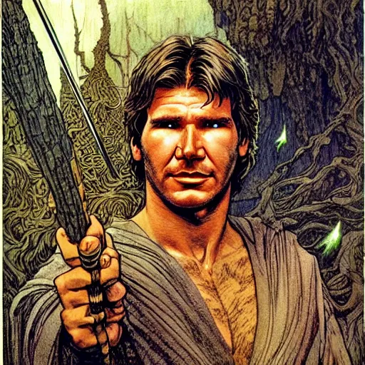 Image similar to a realistic, very beautiful and atmospheric portrait of young harrison ford as a druidic warrior wizard looking at the camera with an intelligent gaze by rebecca guay, michael kaluta, charles vess and jean moebius giraud