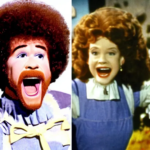 Image similar to bob ross screaming as dorothy in wizard of oz