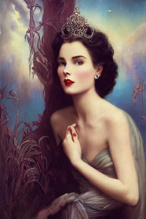 Image similar to a young and extremely beautiful grace kelly infected by night by tom bagshaw in the style of a modern gaston bussiere, art nouveau, art deco, surrealism. extremely lush detail. melancholic scene infected by night. perfect composition and lighting. sharp focus. profoundly surreal. high - contrast lush surrealistic photorealism. screaming, rage, madness.