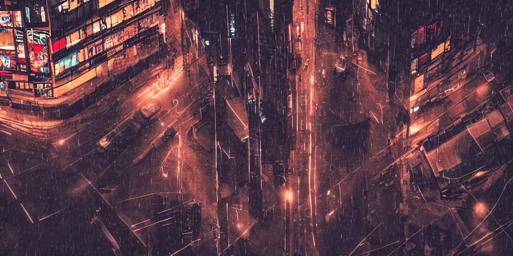 Image similar to a city street at night, raining, photograph, cyberpunk, sharp focus, intricate detail, Desolate, drone shot,