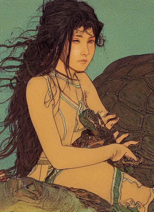 Image similar to portrait of a little warrior girl laying on top of a giant turtle in the desert. the girl has dark skin and beautiful green eyes, realistic body legs and a very beautiful detailed symmetrical face with long black hair. the turtle has a big wise face and closed eyes. diffuse light, dramatic landscape, fantasy illustration by mucha