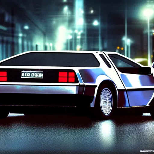 Prompt: delorean from back to the future, widebody, city, night, rain, photorealistic, hyperdetailed