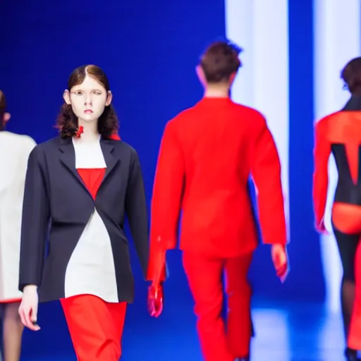 Image similar to dystopian business fashion incorporating red white and blue, brutalist fashion show