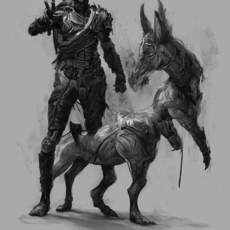 Image similar to the pure male half - centaur armorer haunted by dark memories. his wardrobe is utilitarian. he appears human - yet his shadow is always that of his non - human parent's species. trending on artstation deviantart pinterest photorealistic hd 8 k highlights and shadow detailed high resolution