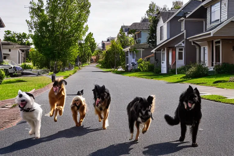 Image similar to a residential street in a suburb with dogs running directly towards the camera, wide shot