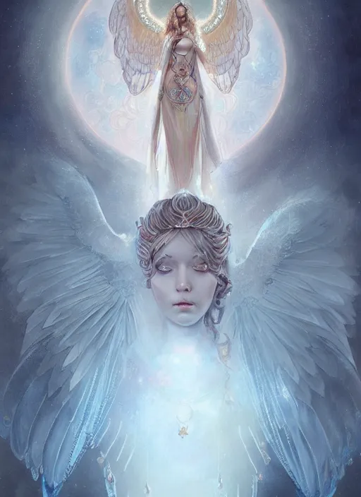 Image similar to A beautiful digital painting of a female Seraphim full of jewels, princess, the moon behind her, intricate, cinematic lighting, highly detailed, digital painting, Artstation, concept art, smooth, sharp focus, illustration, art by Tom Bagshaw, Artgerm and Greg Rutkowski