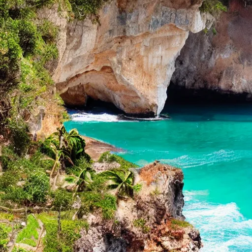 Image similar to photo of a spanish galleon in front of a jamaican shoreline cliff with a cave