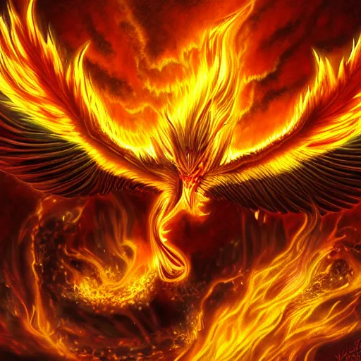 Image similar to realistic phoenix reincarnation in flames, detailed digital art