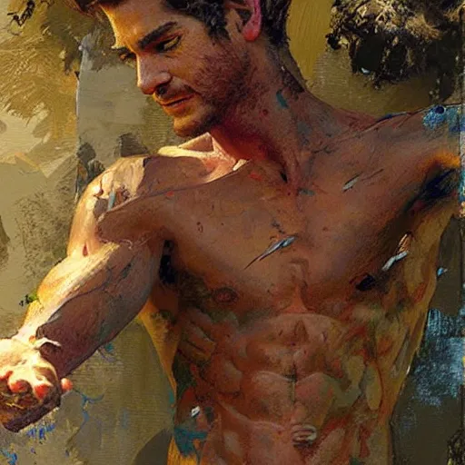 Image similar to Andrew Garfield with a shredded body type, painting by Gaston Bussiere, Craig Mullins