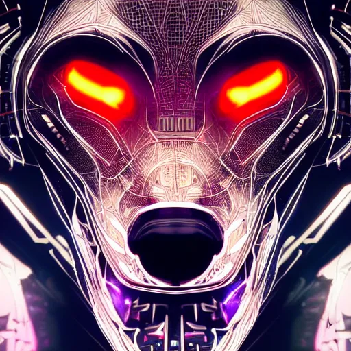 Image similar to face of a cybernetic wolf, futuristic, cyberpunk, symmetric, digital illustration, photo - realistic, macro, extremely detailed, vivid, neon, dramatic lighting, intricate details