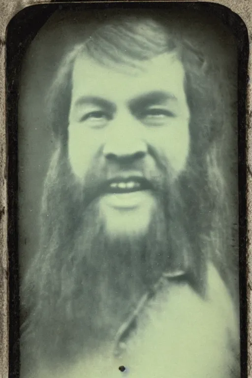 Image similar to a tintype photograph of bigfoot smiling