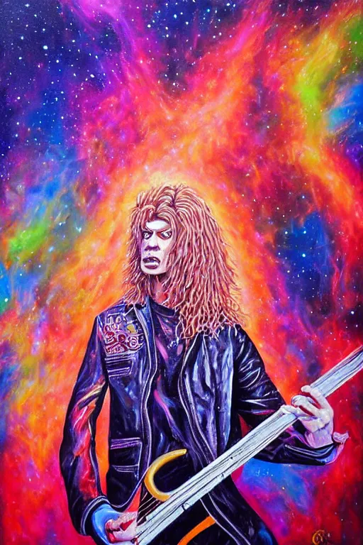 Image similar to beautiful detailed acrylic painting of a psychedelic and hardcore dave munstaine play music in the cosmos