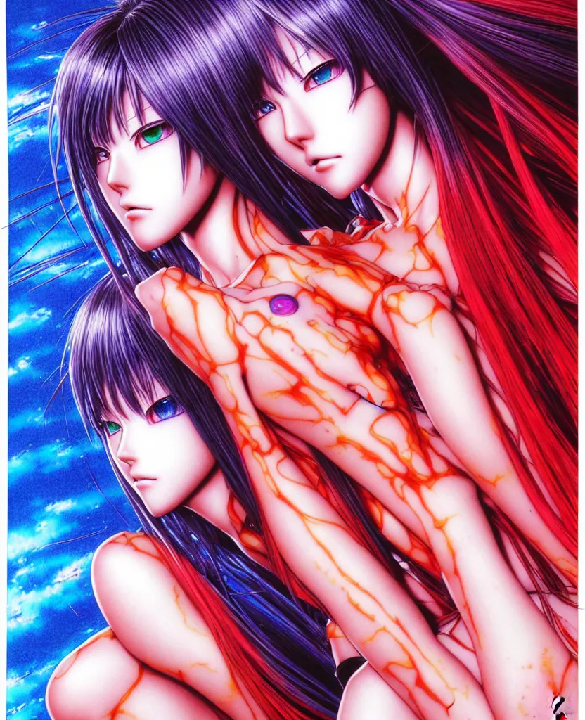 Prompt: realistic detailed image of ultra mega rainbow realistic detailed female character asuka soryu langley symmetrical!!!!! depth perception masterpiece depth of field action horror gothic vivid colors art by yoshitaka amano by yukito kishiro by yoshiyuki sadamoto by artgerm by hajime sorayama, no artifacts