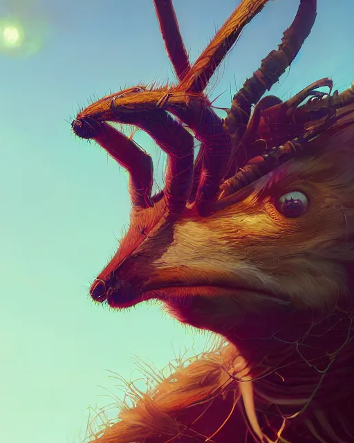 Image similar to highly detailed surreal vfx portrait of a nowpunk spider kangaroo hybrid, stephen bliss, unreal engine, greg rutkowski, loish, rhads, beeple, makoto shinkai and lois van baarle, ilya kuvshinov, rossdraws, tom bagshaw, alphonse mucha, global illumination, detailed and intricate environment