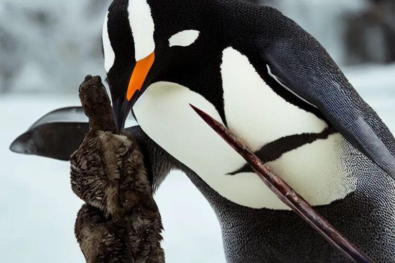 Image similar to movie scene closeup penguin wearing fishbone armor holding a katana sword in a lush arctic. by emmanuel lubezki