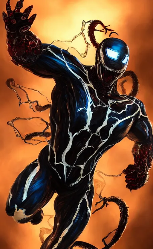 Image similar to venom as ironman, dynamic lighting, photorealistic fantasy concept art, trending on art station, stunning visuals, terrifying, creative, cinematic