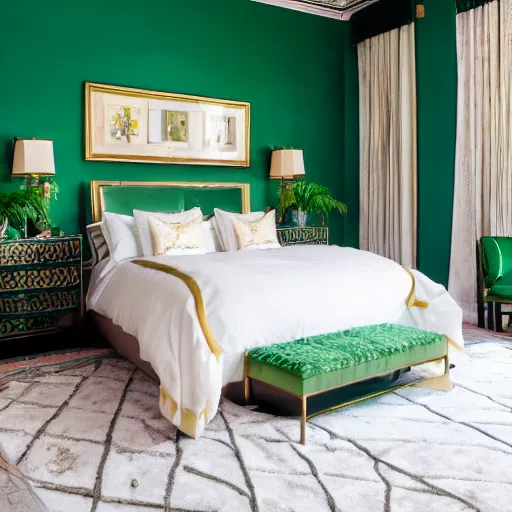 Prompt: a large and elegant master bedroom with walls inspired by malachite, gold accent on the walls and fancy king size bed in the middle, studio photography