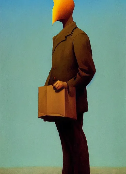 Prompt: propaganda man portrait with a paper bag over the head Edward Hopper and James Gilleard, Zdzislaw Beksinski, highly detailed