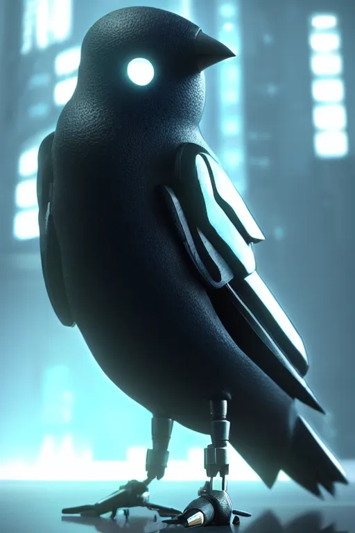 Image similar to high quality 3 d render very cute cyborg crow! next to shure 5 5 s microphone!, cyberpunk highly detailed, unreal engine cinematic smooth, in the style of blade runner & detective pikachu, hannah yata charlie immer, moody light, low angle, uhd 8 k, sharp focus