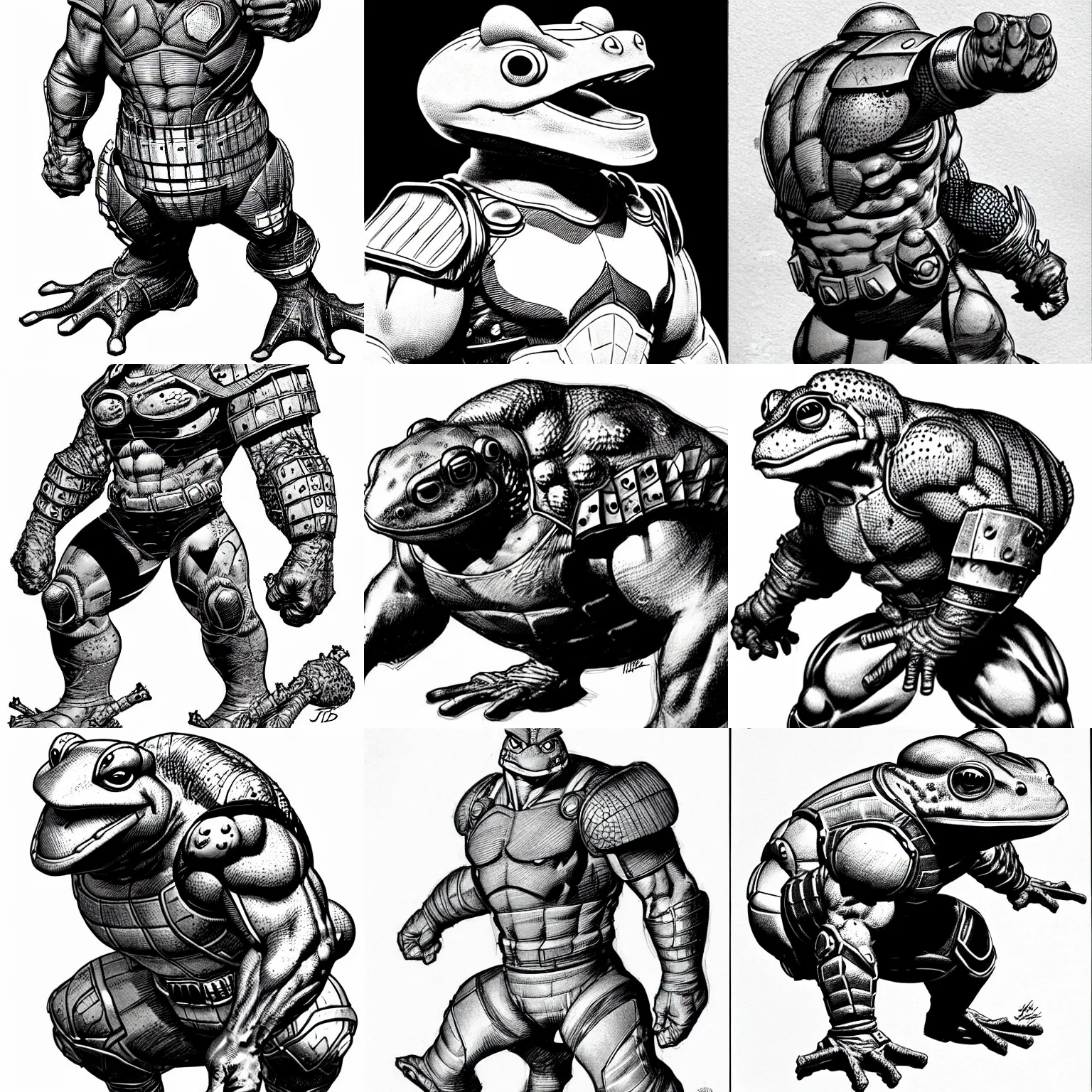 Prompt: toad animal!!! jim lee!!! sideview full shot!! flat ink sketch grayscale by jim lee close up in the style of jim lee, ( attention pose ) cyborg! battle armor rugged knight hulk toad animal superhero by jim lee