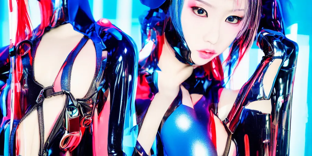 Image similar to a close - up risograph long shot of cyberpunk japanese model girl with black eyes and pretty face wearing latex catsuit and lots of transparent and cellophane accessories, blue hour, twilight, cool, portrait, kodachrome, iso 1 2 0 0, style by moebius