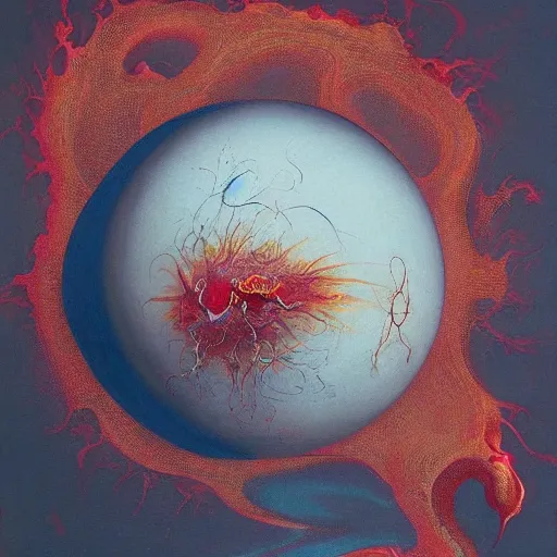 Image similar to a sphere being devoured by abstract splatters of paint in the style of francis bacon, venus being engulfed in flames in the style of james jean, surreal, beksinski, high detailed