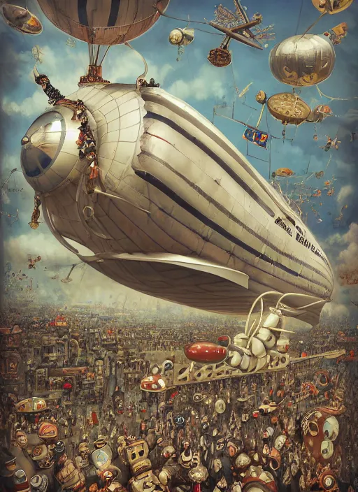 Image similar to wide - angle portrait of tin toy airship parade, depth of field, zeiss lens, detailed, symmetrical, centered, fashion photoshoot, by nicoletta ceccoli, mark ryden, lostfish, earl nore, hyung tae, frank frazetta, breathtaking, 8 k resolution, extremely detailed, beautiful, establishing shot, artistic, hyperrealistic, octane render