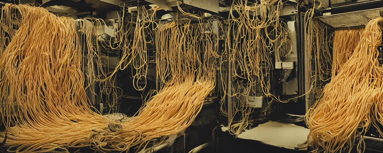 Prompt: taxidermized, a large computer server room overflowing with spaghetti, 5 0 mm, 1. 8 aperture, cinematic lighting, photography, retro, film, kodachrome, closeup