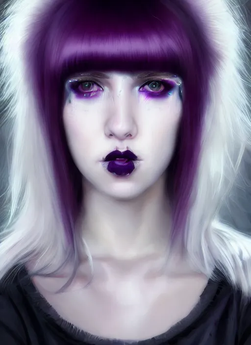 Image similar to portrait of white teenage girl, normal face, white bangs, mall goth, cyberlox, black and white hair, bangs, fluffy bangs, red contact lenses, purple lipstick, intricate, elegant, highly detailed, digital painting, artstation, concept art, sharp focus, smooth, illustration, art by wlop, mars ravelo and greg rutkowski