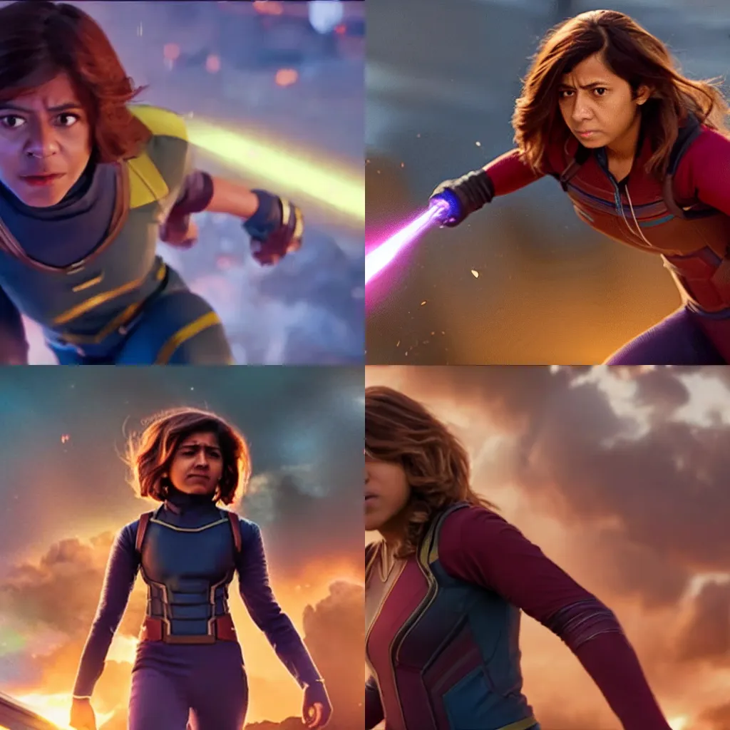 Prompt: A giant embiggened Kamala Khan fighting Thanos, film still from Avengers Endgame