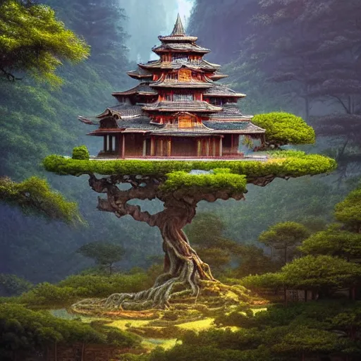 Prompt: A beautiful hyper realistic detailed matte painting of a bonsai tree shaped temple nestled in forest mountains by John Howe and Albert Bierstadt and Alena Aenami and dan mumford and dave noton, unreal engine, trending on behance