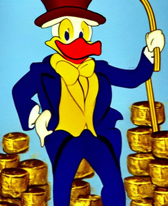 Image similar to Scrooge McDuck from the Duck Tales in blue costume standing on a mountain of golden gold and holding a cane, view from below, full body portrait including head, oil painting, highly detailed