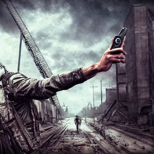 Prompt: the last selfie of mankind, post apocalyptic, digital art, highly detailed, photo realistic