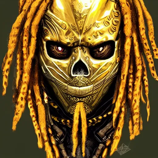 Image similar to a golden skull face african warrior with dreadlocks, Apex Legends character digital illustration portrait design, by android jones, detailed, cinematic lighting, wide angle action dynamic portrait