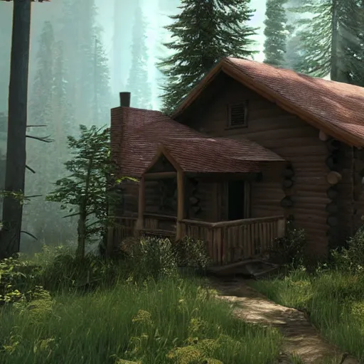 Image similar to a cabin in the woods unreal engine