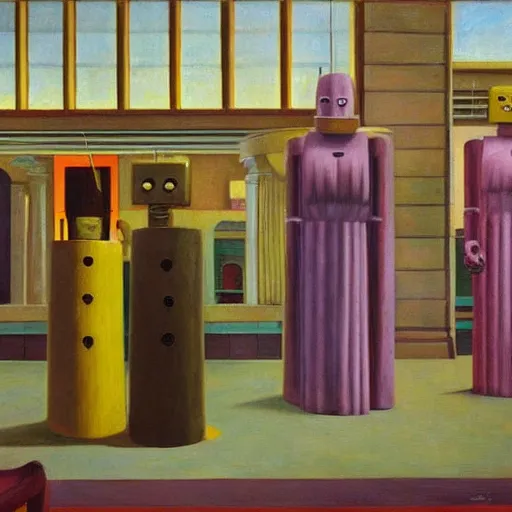 Image similar to robot druids in a grandiose atrium, grant wood, pj crook, edward hopper, oil on canvas