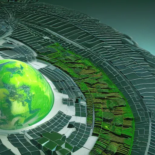 Prompt: a highly detailed 3 d render of green solarpunk planets