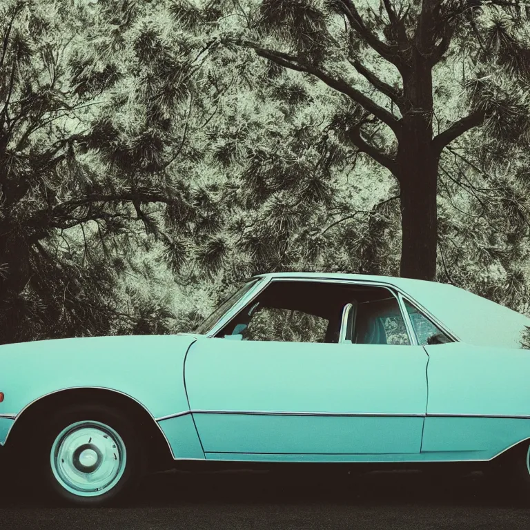 Image similar to 1 9 7 0 s car parked by the pine tree, film photo, soft lighting album cover, nostalgia, turquoise gradient