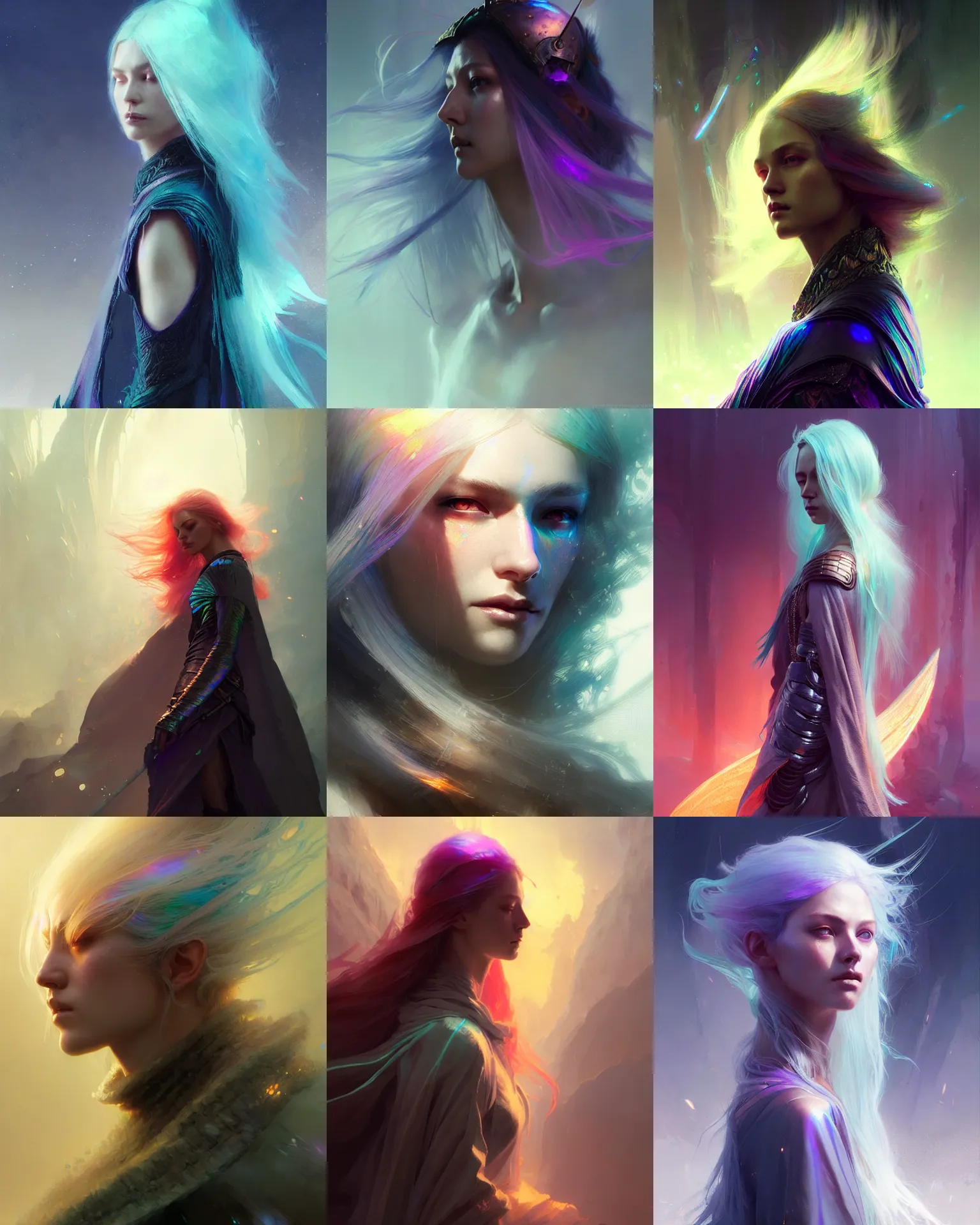 Prompt: travelled female with glowing iridescent hair color, attractive hot sexy supermodel, fantasy adventurer cloak, side portrait, intricate, focus, illustration, highly detailed, digital painting, concept art, matte, art by ruan jia and wlop and greg rutkowski, masterpiece