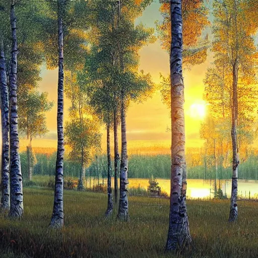 Prompt: a masterpiece detailed beautiful russian village, trees, birch, lake, golden hour, sunset, by Makoto Shinkai and Ivan Shishkin