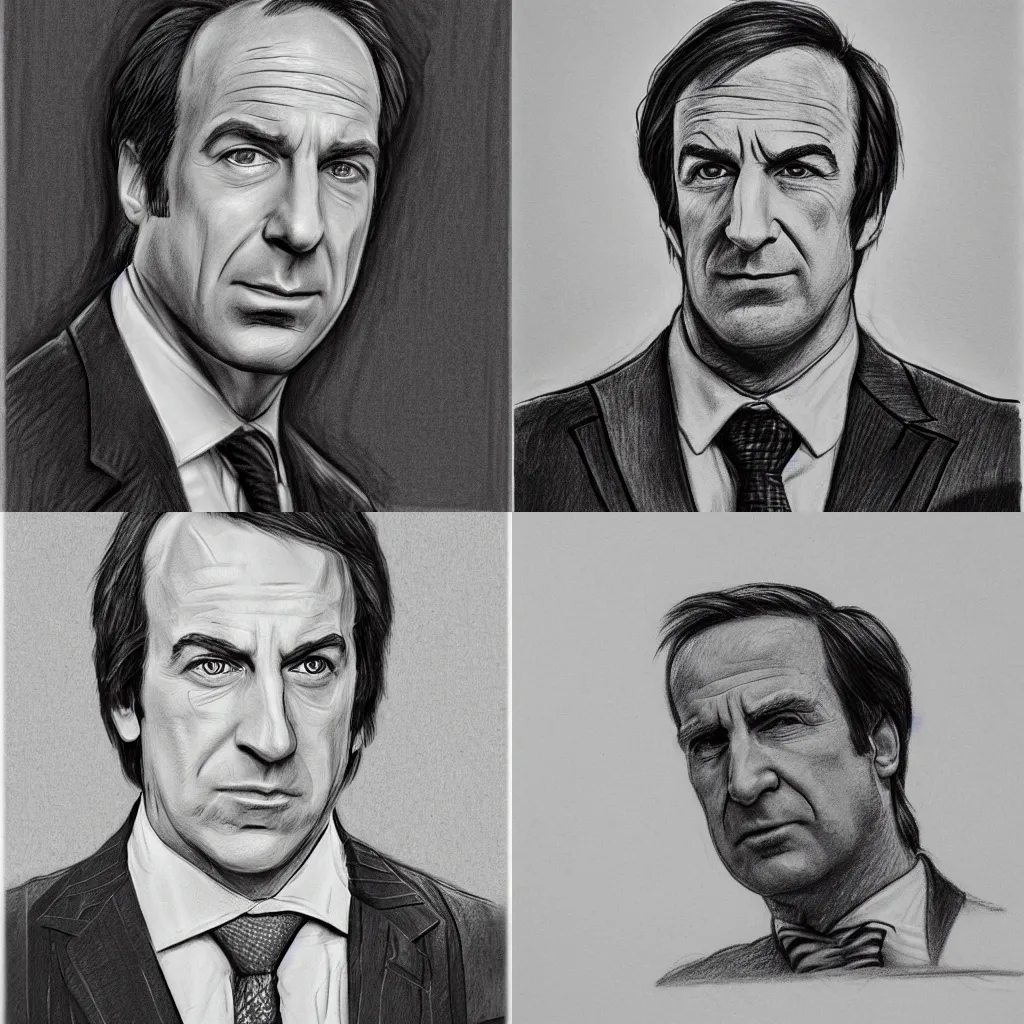 Prompt: pencil sketch of saul goodman, highly detailed, black and white, centered, portrait