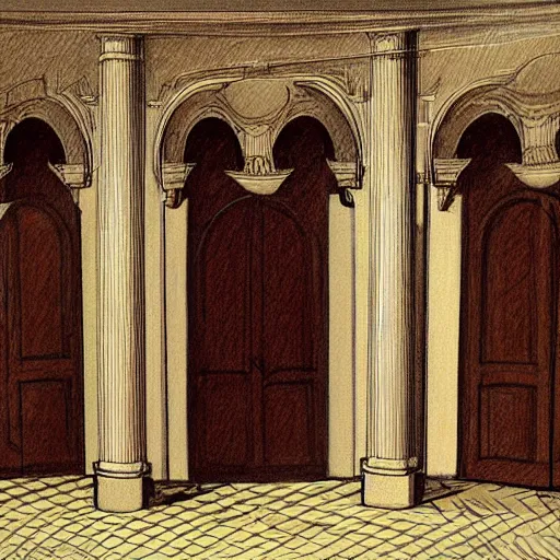 Image similar to the sketch of an opera scenoraphy designed of curved stairs and doors and windows frames by frazzeta.