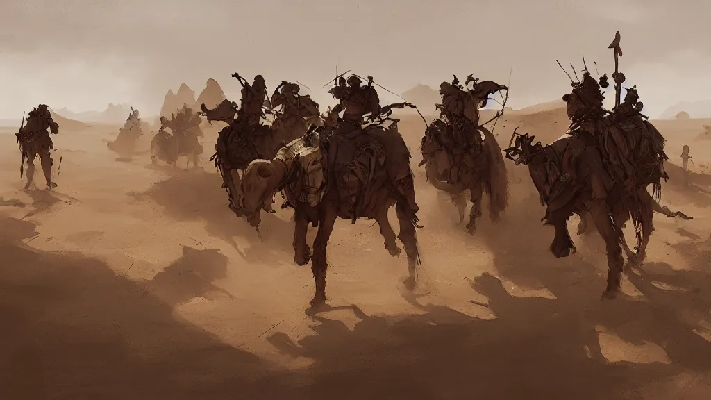 Prompt: merchant caravan travelling across desert, papyrus, watercolored, jakub rozalski, dishonored, dieselpunk, artstation