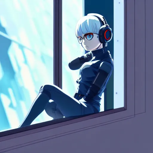 Image similar to cyborg - girl with silver hair, wearing headphones, and sitting on a window sill, highly detailed, painting, dark blue and black color palette, intricate, high quality anime artstyle, in the style of makoto shinkai