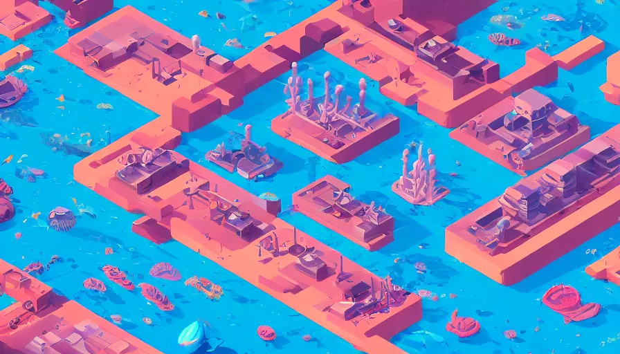 Image similar to busy isometric deep sea city, futuristic isometric underwater buildings, digital art, neat, matte colours, isometric coral, geometric sharp angles