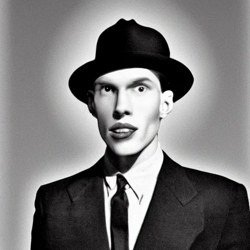 Image similar to A photograph portrait of Jerma985 wearing a suit with and fedora in the 1940s, taken in the early 1940s, grainy, taken on a 940s Kodak Camera, realistic, hyperrealistic, very realistic, highly detailed, very detailed, extremely detailed, detailed, digital art, trending on artstation